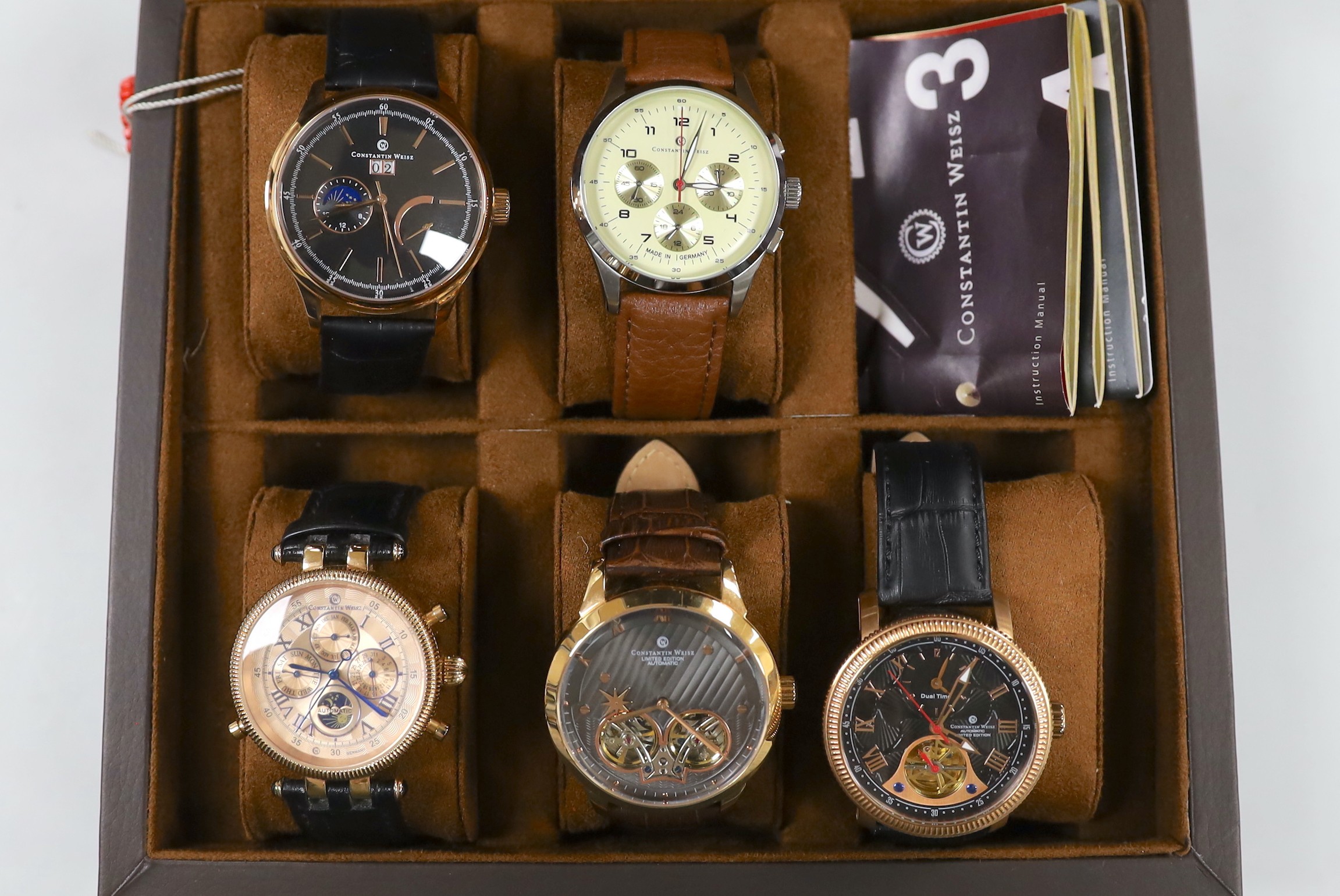 Five gentleman's assorted modern steel or gilt metal Constantin Weisz wrist watches including Limited Edition and Dual Time.